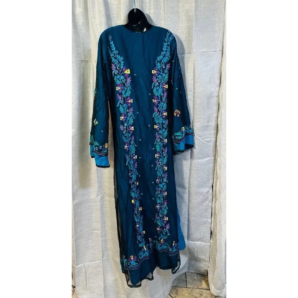 Dress gown maxi abaya turquoise green blue embroidered boho fashion - Picture 9 of 12
